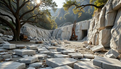 Obraz premium Fractured marble blocks, antique machinery, and oak trees fill a serene quarry bathed in golden light.