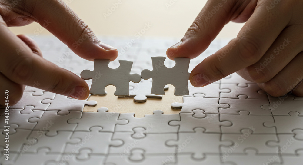 Poster two hands connecting puzzle pieces teamwork solution problem solving process close up view neutral