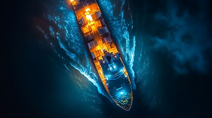 Cargo Ship at Bustling Port During Twilight, A large cargo ship docked at a bustling port, surrounded by cranes and containers