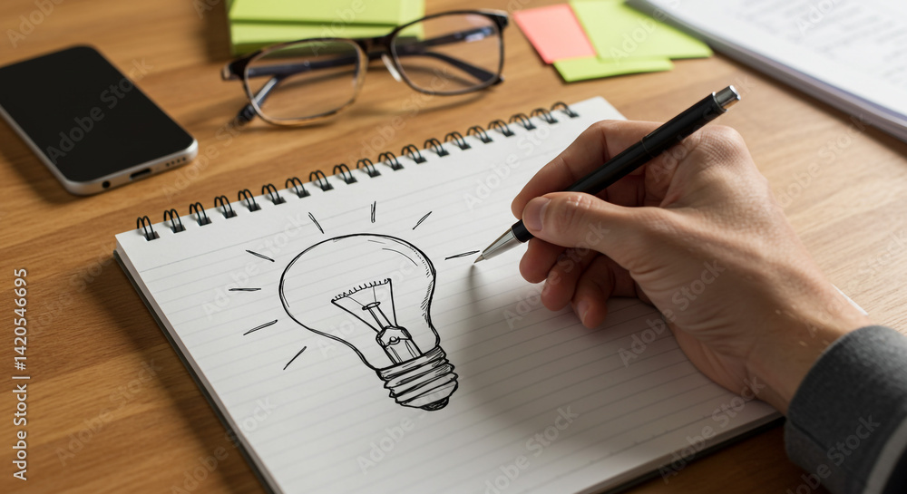 Aufkleber sketching a bright idea on notepad brainstorming new concepts innovative solutions creative process