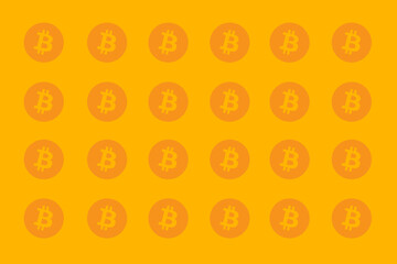 Repeating bitcoin symbols on a bright yellow background create a vibrant pattern for cryptocurrency enthusiasts