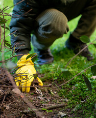 Gloved hand picking a garbare from the grass in the park garden