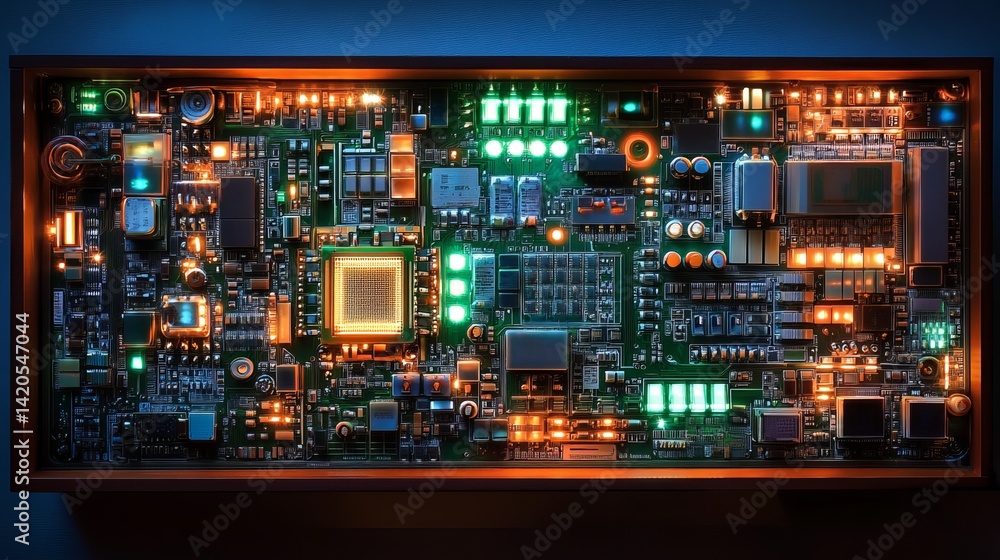 Poster illuminated circuit board technology digital art abstract modern electronic hardware components glow