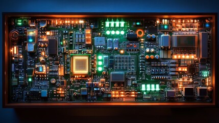 Illuminated Circuit Board Technology Digital Art Abstract Modern Electronic Hardware Components Glowing Orange Green Lights Detailed High Resolution Image Computer Technology Background Design        