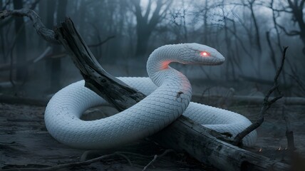 An ominous white snake coiled on a weathered tree branch, its eyes glowing ominously in a foggy woodland