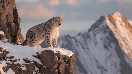 Obraz premium A majestic snow leopard stands on a snowy mountain ridge, its gaze fixed on the distant horizon.
