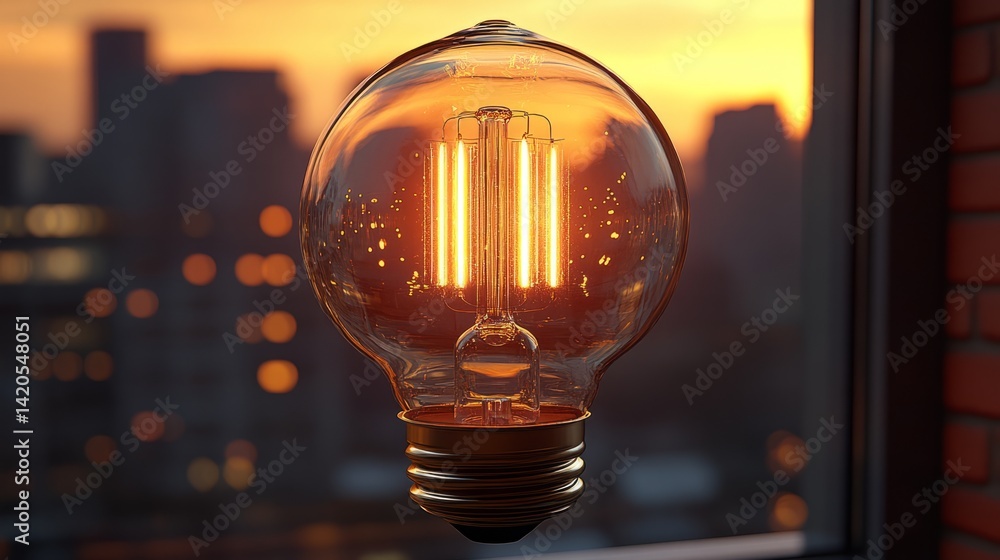 Poster close-up of an illuminated vintage-style edison bulb placed on a window sill with a sunset view and 