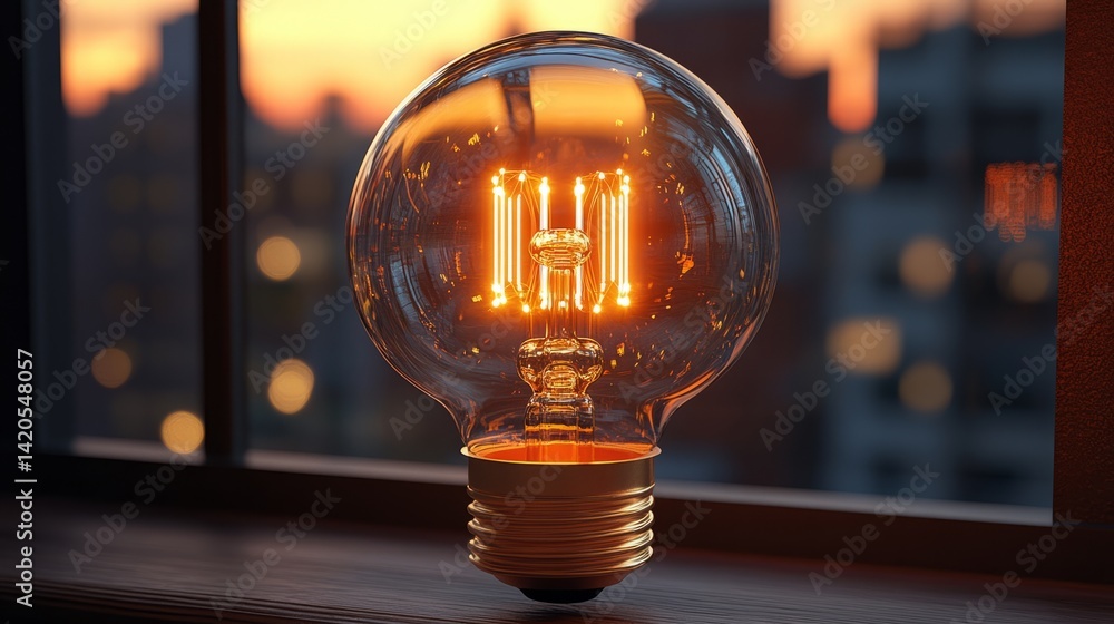 Poster close-up of an illuminated vintage-style edison bulb placed on a window sill with a sunset view and 