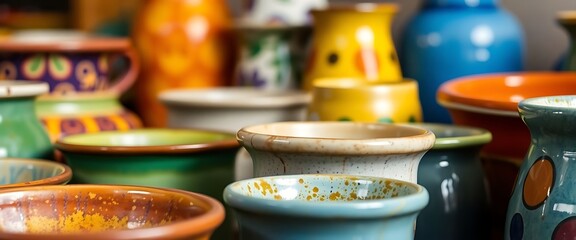 bunch of colorful vases sitting on top of a table