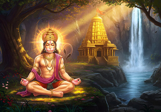 Hanuman Meditating Beside Temple, Waterfall, Nature, Hindu God Illustration.