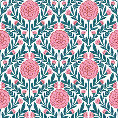 Abstract pink flowers seamless pattern. Stylized hand drawn rose flowers and green leaves on white background. Repeat ornamental floral allover backdrop