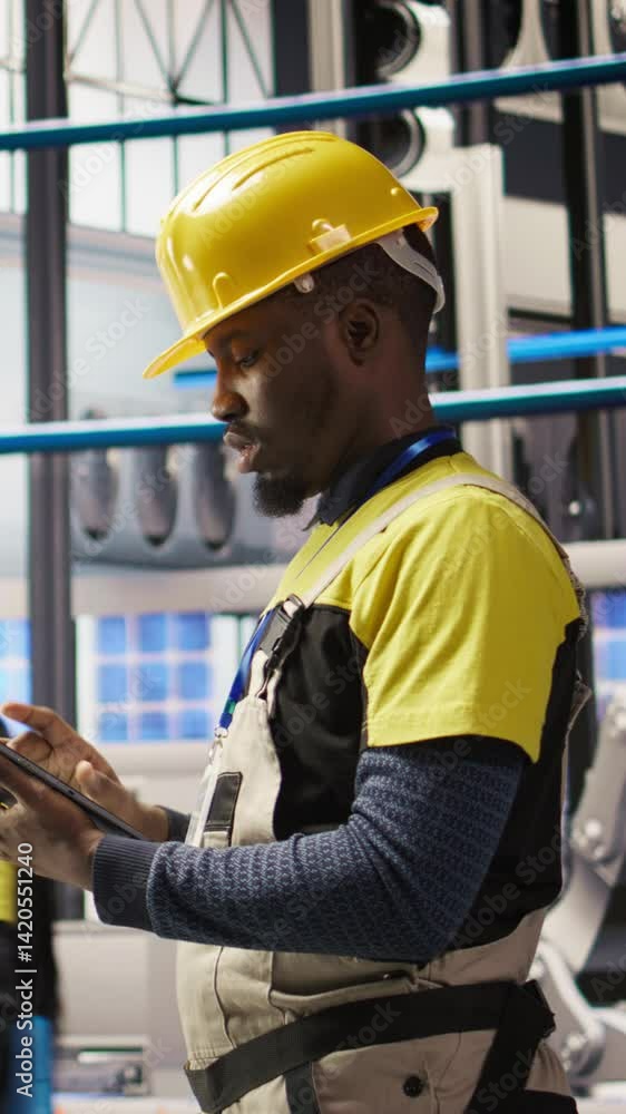 Poster vertical video smart factory mechanic testing automated systems, doing preventive maintenance. indus