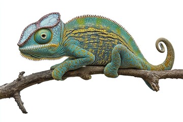 Obraz premium Chameleon on a branch, isolated on white background