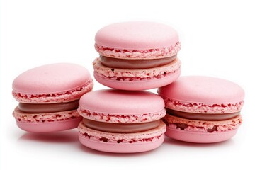 Fototapeta premium Five pink macarons arranged closely together on a white surface