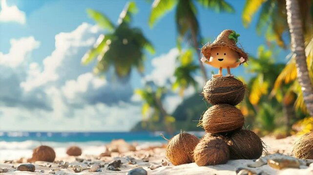 Cute cartoon character on a stack of coconuts at tropical beach