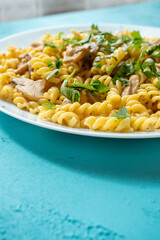 Italian pasta with creamy mushrooms and parsley on white plate in close-up
