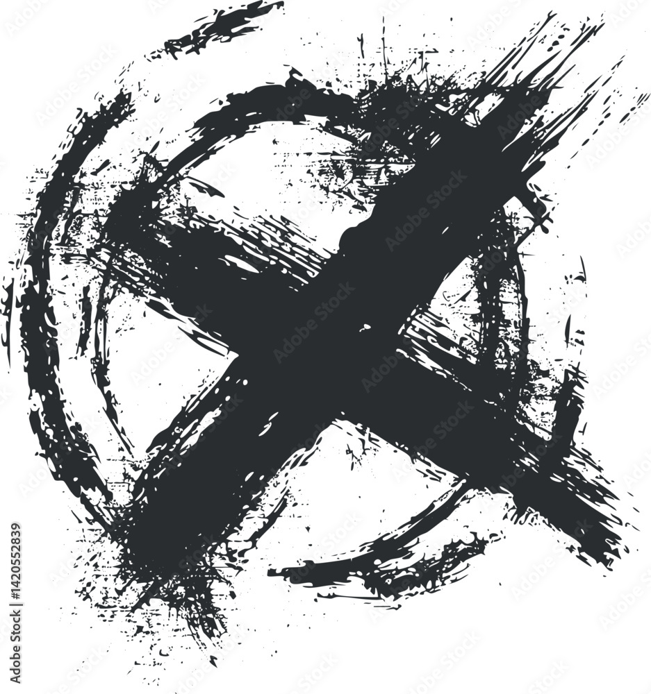 Aufkleber a bold black grunge texture featuring an abstract x shape inside a circular splash.