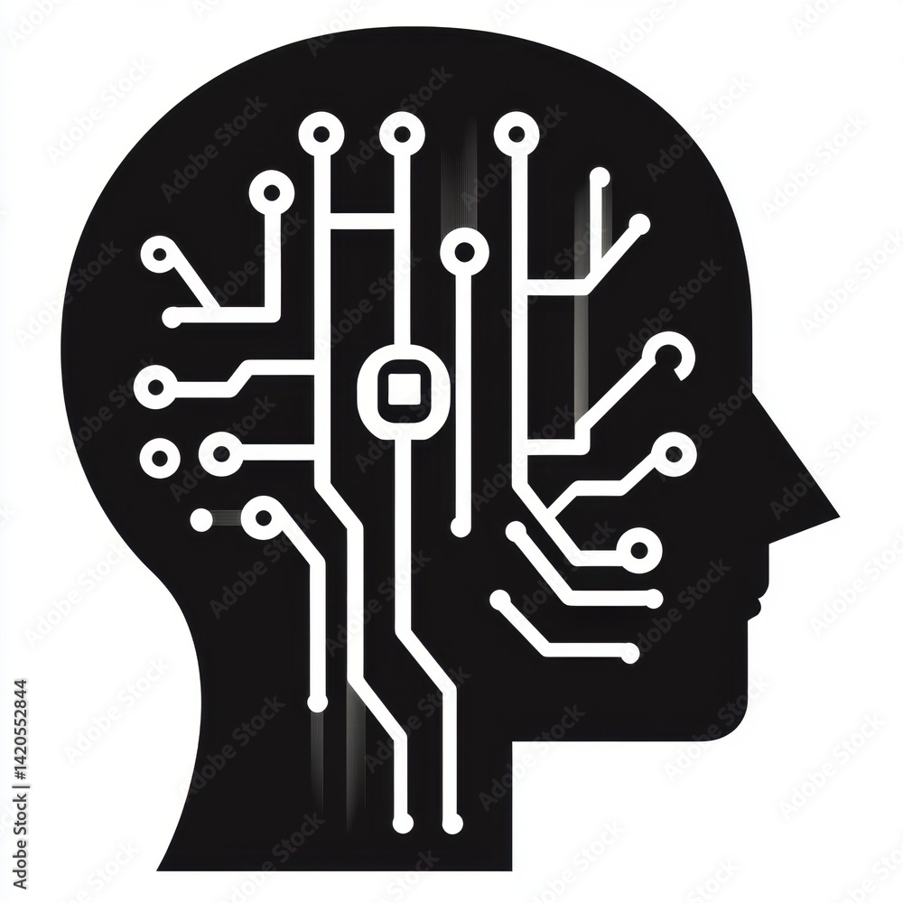 Poster artificial intelligence head silhouette with circuit board pattern, modern technology, data analysis