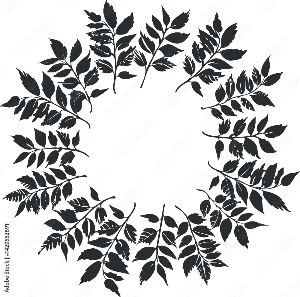 Poster a circular wreath design made of various leaves representing nature and botanical elements.