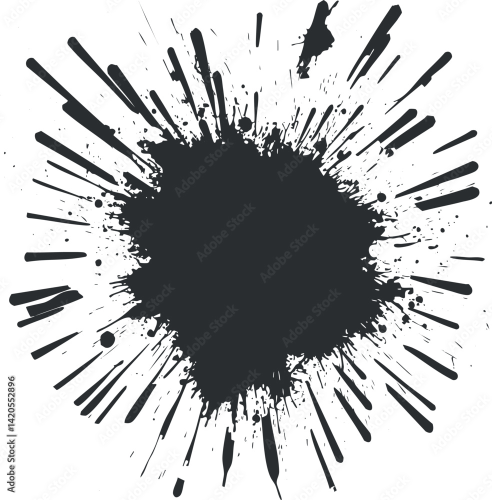Poster a dynamic black ink splash design with abstract splatters and energetic lines for creative projects.