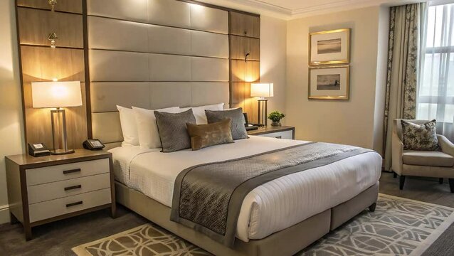 Interior of a hotel room featuring a large bed with pillows and bedside tables with lamps and phones