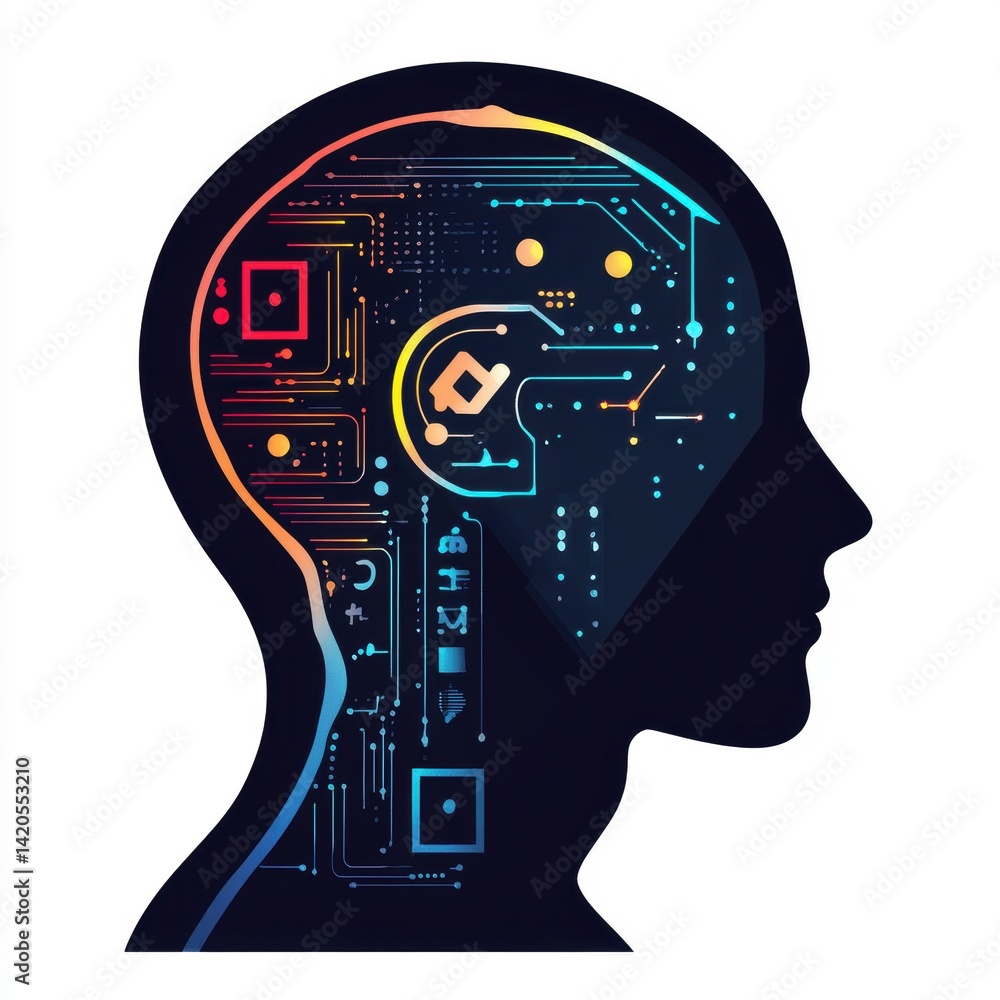 Poster abstract humanoid profile silhouette with intricate digital circuitry and gradient colors for ai con