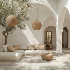 A white room with a tree in the corner. There are two lamps hanging from the ceiling