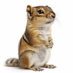 Fototapeta premium Adorable Chipmunk Close-up: A captivating wildlife portrait of a small, fluffy chipmunk sitting against a white background.