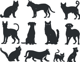 A collection of black silhouettes depicting various dog and cat breeds in playful poses.