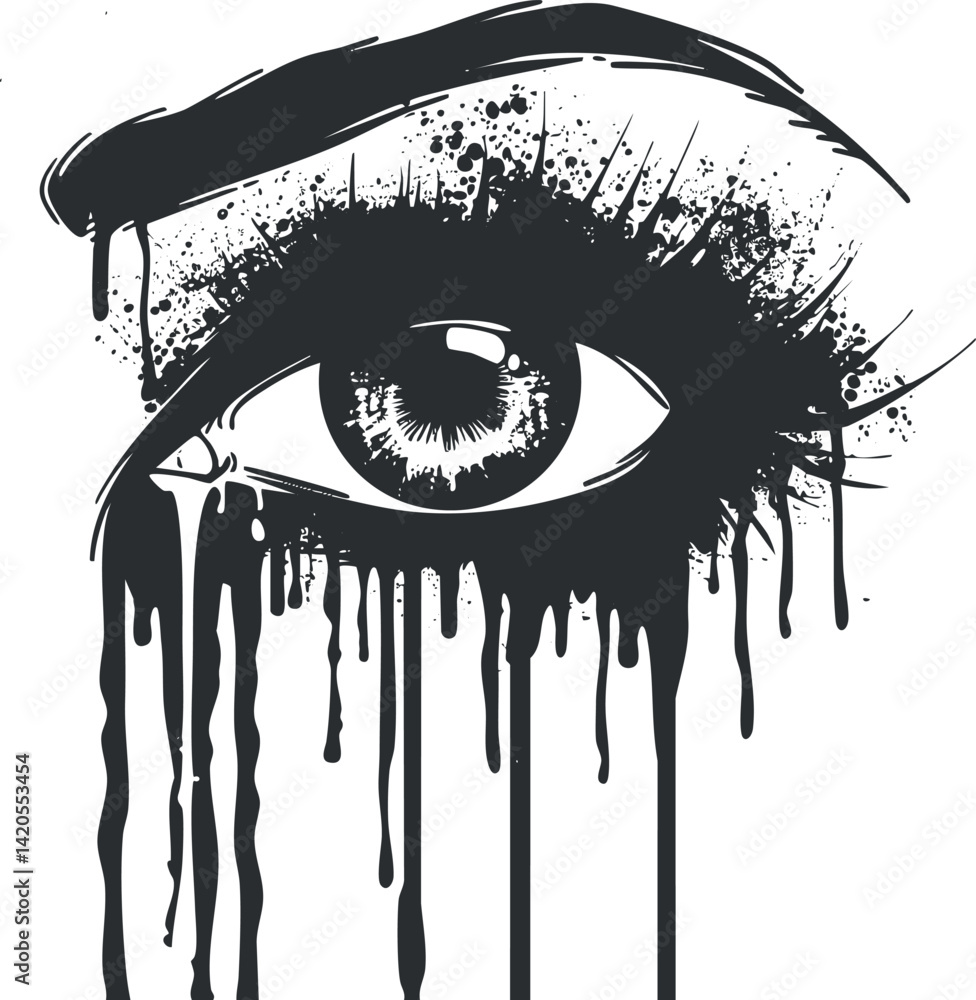 Aufkleber an abstract illustration of an eye with artistic ink drips creating an emotional effect.