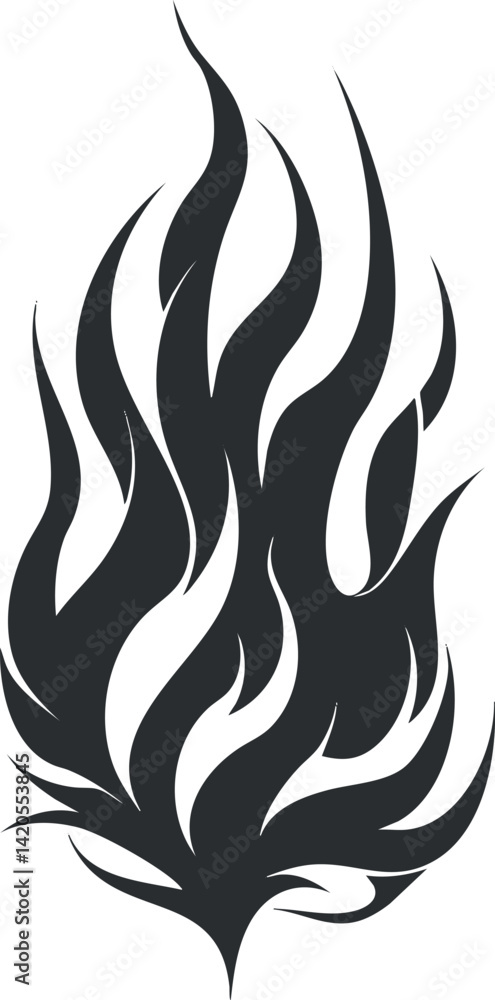 Poster stylized black flame design with dynamic curves and sharp edges representing energy and passion.