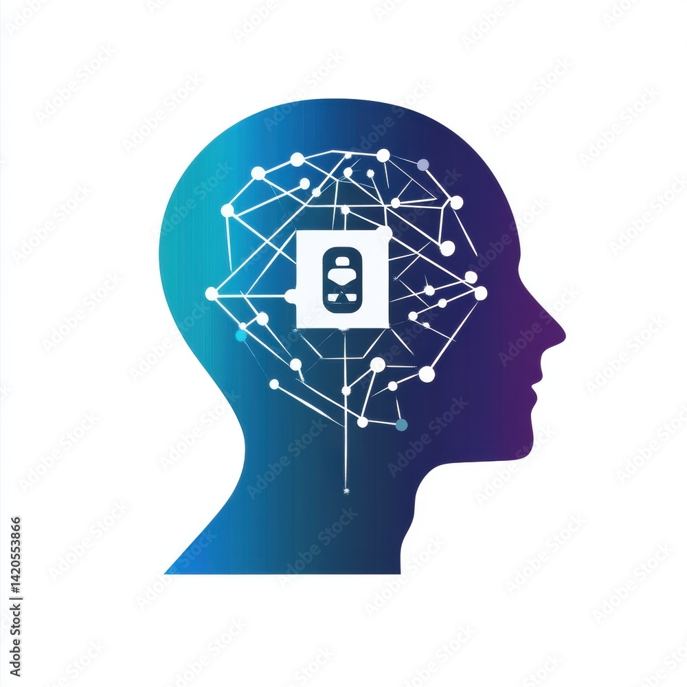 Poster artificial intelligence head with neural network and humanoid in profile