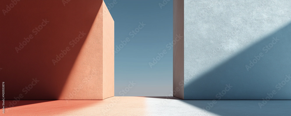 Poster modern minimalist architecture with orange and blue walls creating geometric shadows