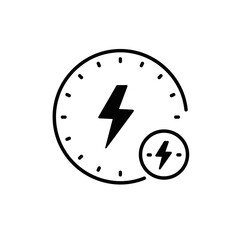 Energy Saving Mode Icon (Timer & Power Bolt), Minimalist Black & White Line Art - Smart Home Efficiency & Absence Detection Concept for Eco Settings, App UI 