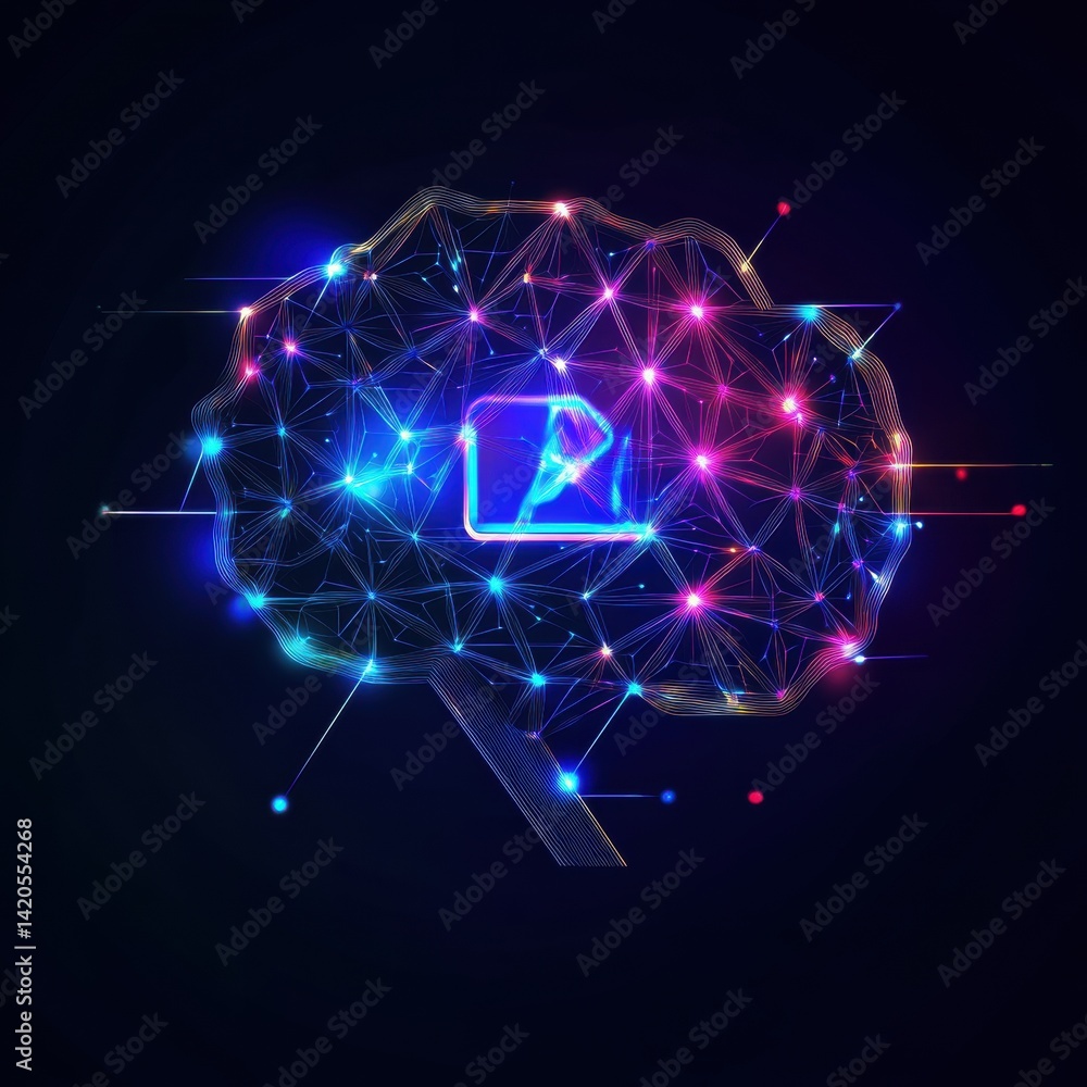 Poster illuminated brain network symbolizing neural connections and artificial intelligence on dark backdro