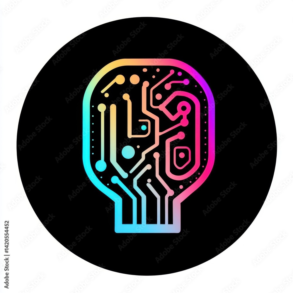 Poster artificial intelligence digital brain circuit board icon with rainbow gradient on black circular bac