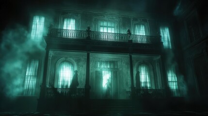 Naklejka premium A spectral mansion shrouded in eerie teal light at night.