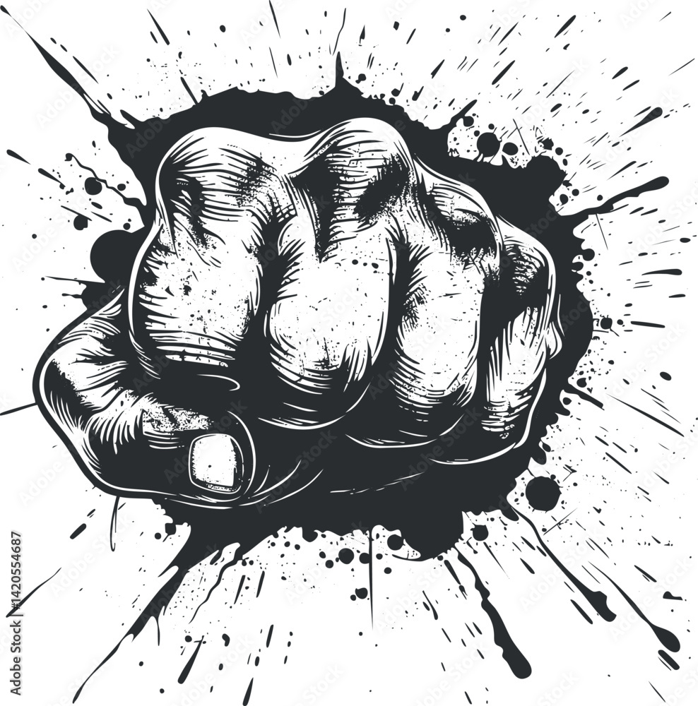 Poster a powerful black and white illustration of a fist in a dynamic action pose with splatter effects.