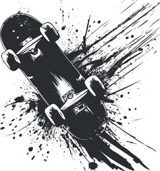 A dynamic illustration of a skateboard with splashes of paint conveying motion and energy.