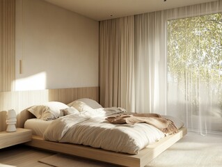 A bed with a white comforter and a brown throw blanket. The bed is in a room with a window and a lamp