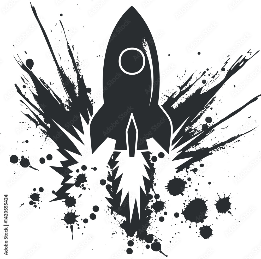 Aufkleber a striking black silhouette of a rocket launching with dynamic splashes and explosive effects.