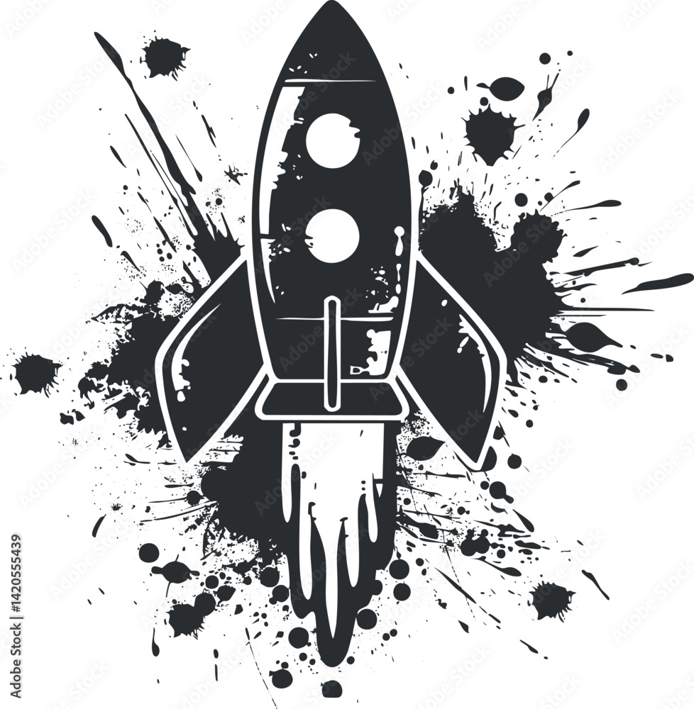 Poster stylized rocket illustration with splashes representing innovation and adventure in space exploratio