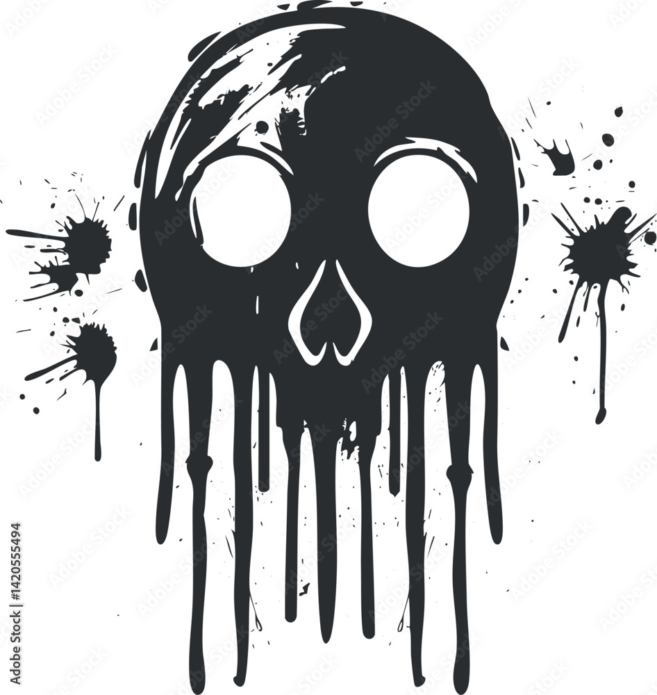 Poster stylized skull icon with paint drips creating a dramatic and edgy visual effect.