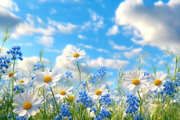 Summer meadow with daisies and blue flowers under a partly cloudy sky © rioyoungguns