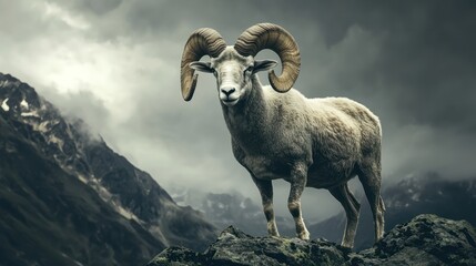 Majestic ram on mountain peak, stormy sky background; wildlife, nature photography