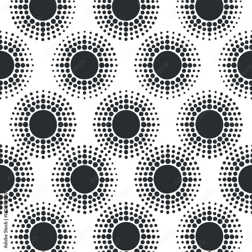 Poster seamless pattern featuring black and white circular dots in a modern design.