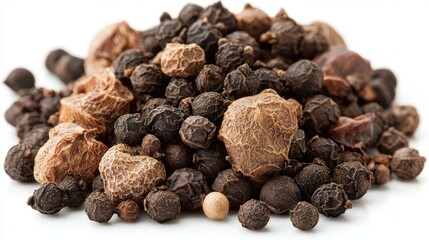 Obraz premium A close-up of various dried peppercorns piled on a white background, showcasing their textures