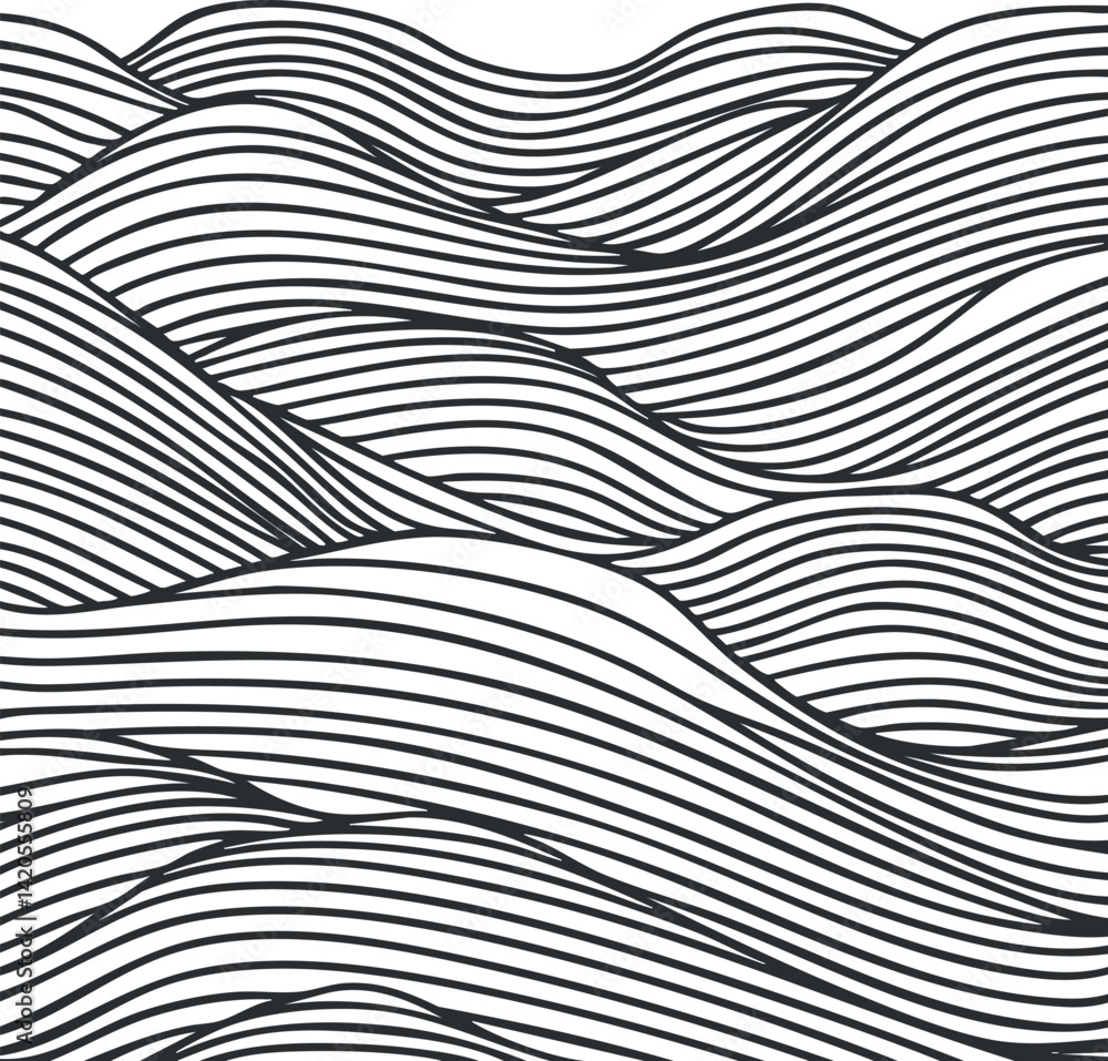 Poster abstract black and white illustration of flowing waves created with line patterns.