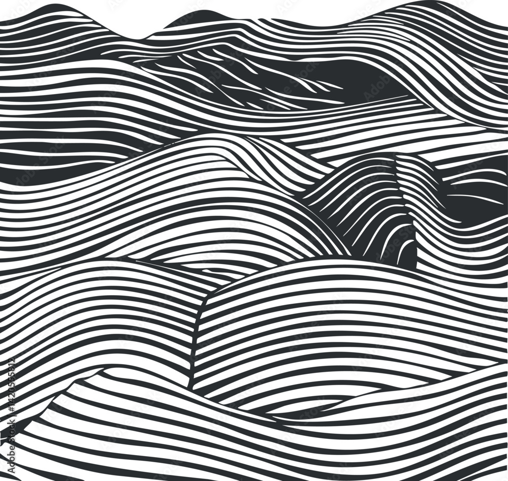 Poster an abstract monochrome landscape illustration featuring flowing lines and wave patterns.