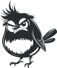 Fototapeta premium An expressive cartoon bird with an angry look and stylized feathers in black and white.